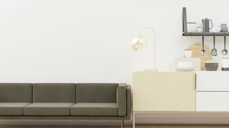 Sleek and minimalistic living room interior with modern furniture and decor, ideal for contemporary homes.